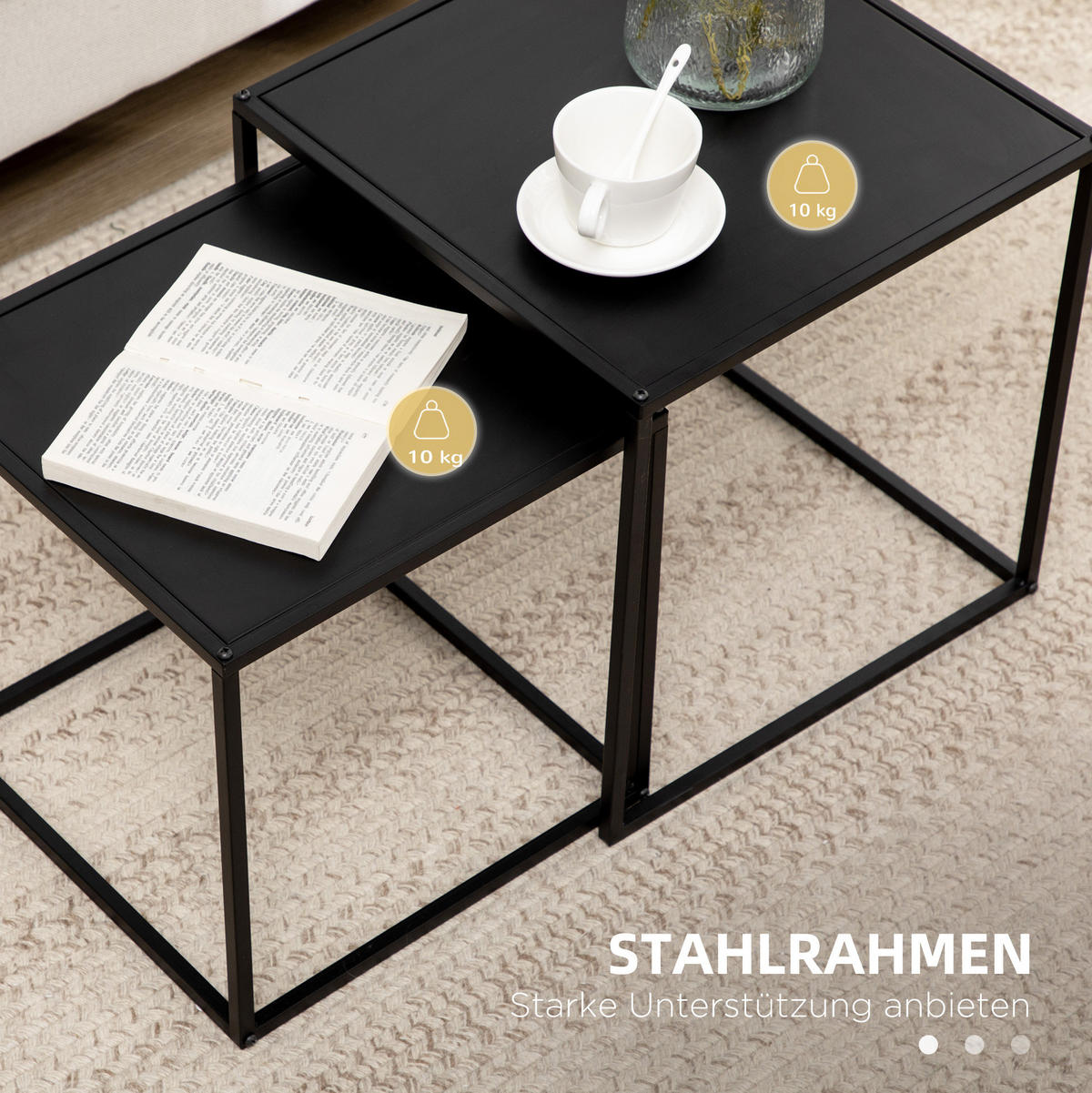 COUCHTISCH-SET 40/40/40 und 35/35/35 cm, 2-teilig, flexibel stellbar mit Stahlgestell, Schwarz - Schwarz, Metall (40/40/40cm) - Redom
