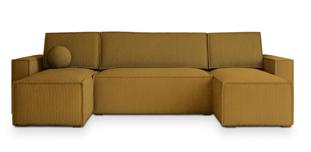 WOHNLANDSCHAFT PESANO P Gelb Kordstoff mit Schlaffunktion - Gelb, Holz (306/85/140cm) - MASSENO