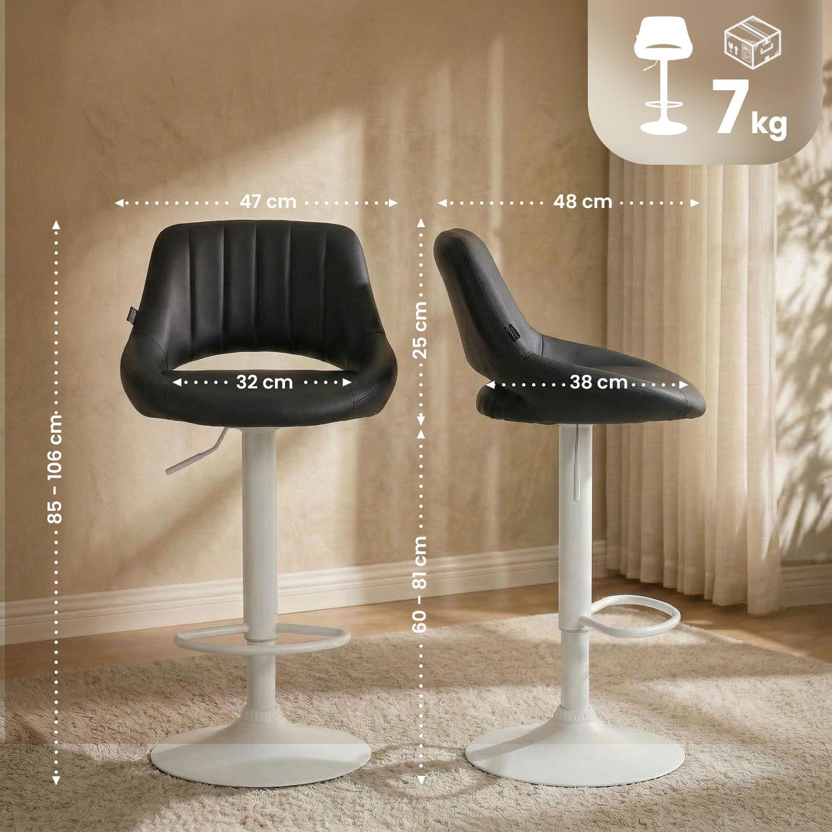 BARHOCKER Lederlook Schwarz - Schwarz/Weiß, Textil/Metall (47/85/48cm) - CLP