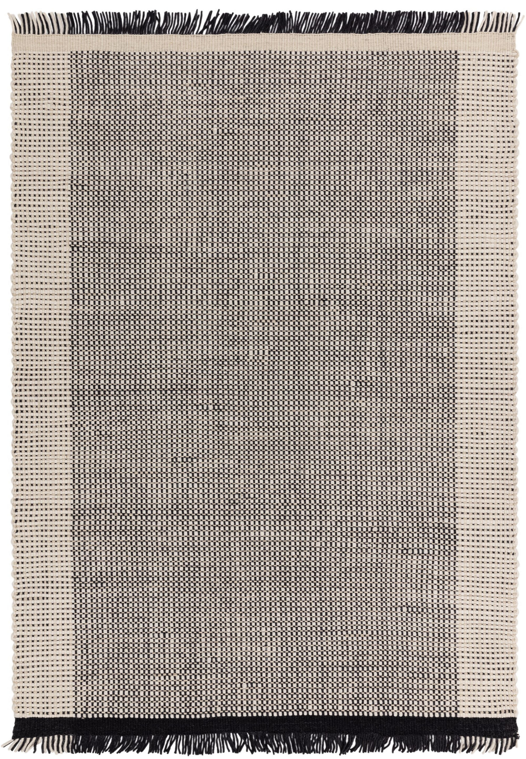 TEPPICH Wolle handgewebt mit Korbmuster Fransen PISA, Schwarz-Weiß 120x170 cm - Schwarz, Textil (120/170cm) - KADIMA DESIGN