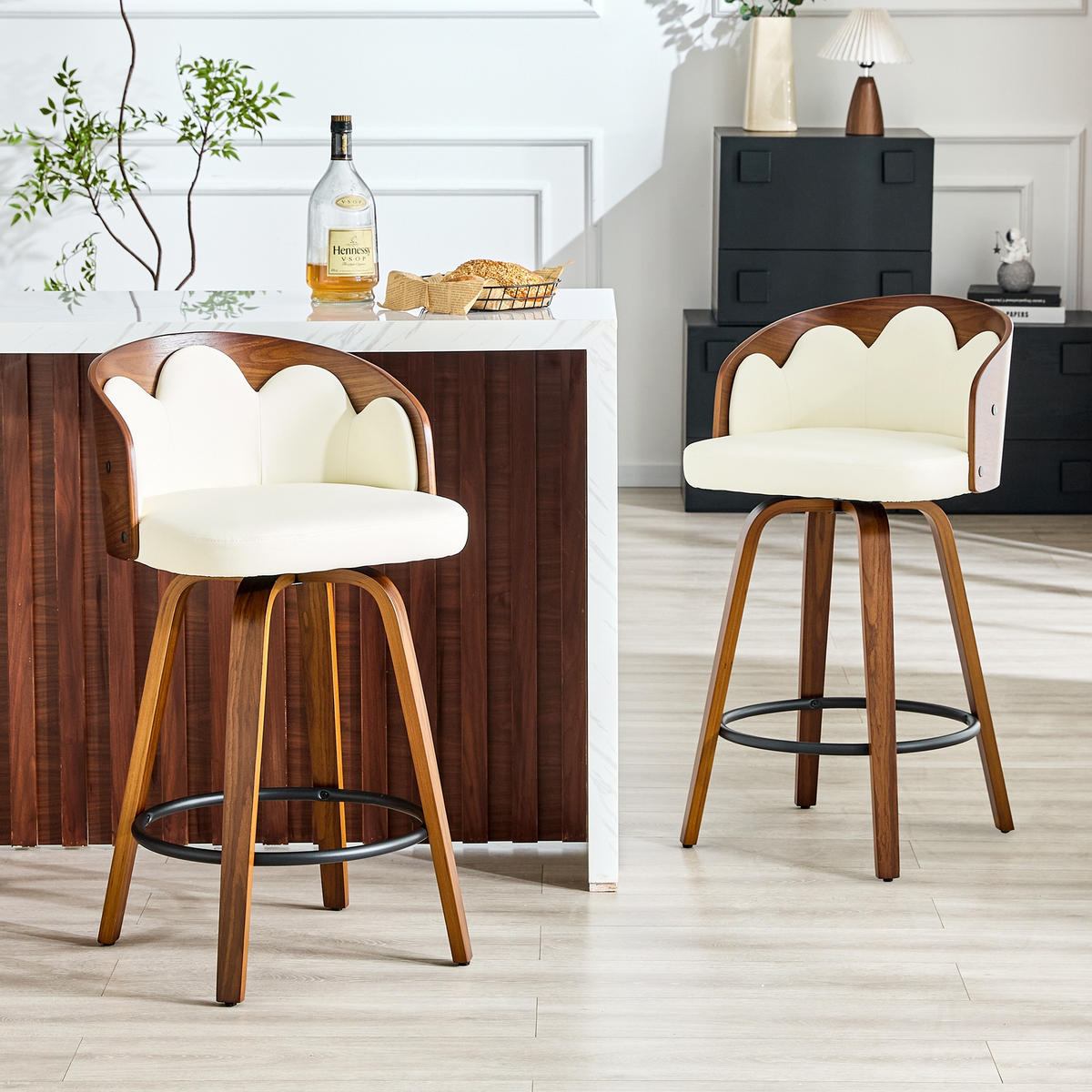 BARHOCKER 2er-Set Weiß mit Blüten-Rückenlehne und Fußstütze - Weiß, Holz (46.5/89/41.5cm) - PANGIVO
