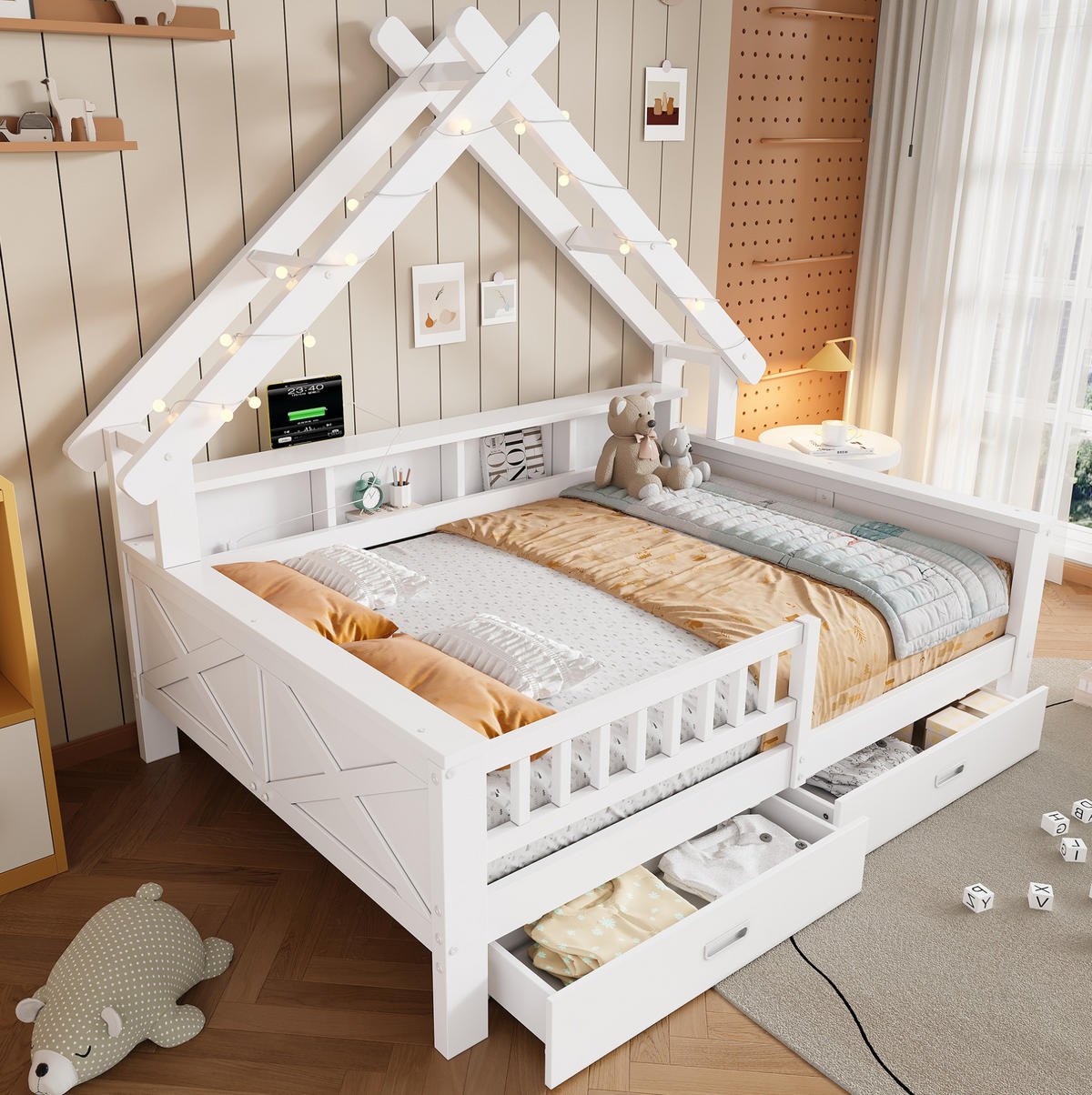 HAUSBETT 140/200 cm Weiß mit LED und Stauraum - Weiß, Holz (140/200cm) - MIVRAY