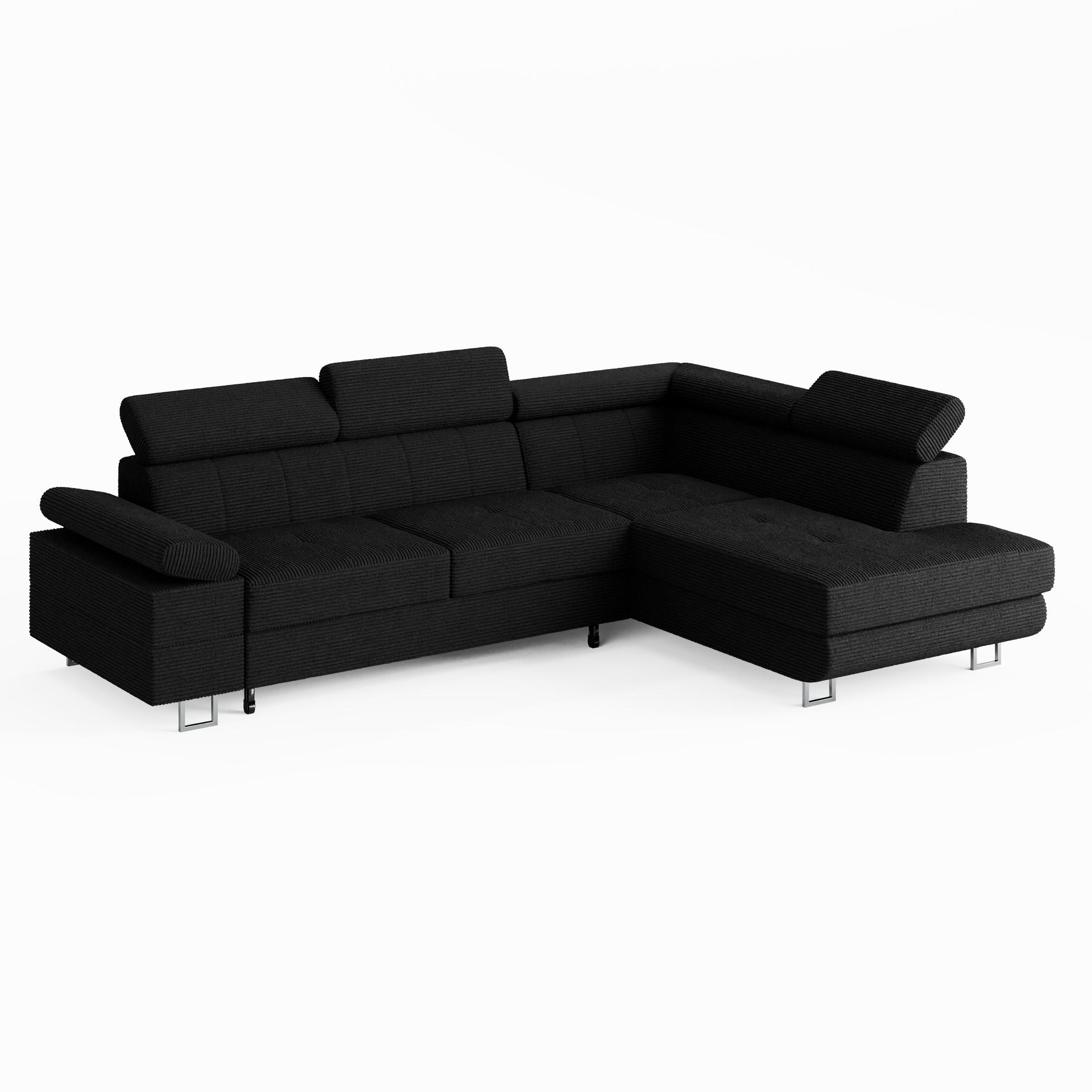 ECKSOFA CAROLINE Rechts Schwarz Cord-Stoff L-Form Couch mit Schlaffunktion & Bettkasten - Chromfarben/Schwarz, Textil (190/253cm)
