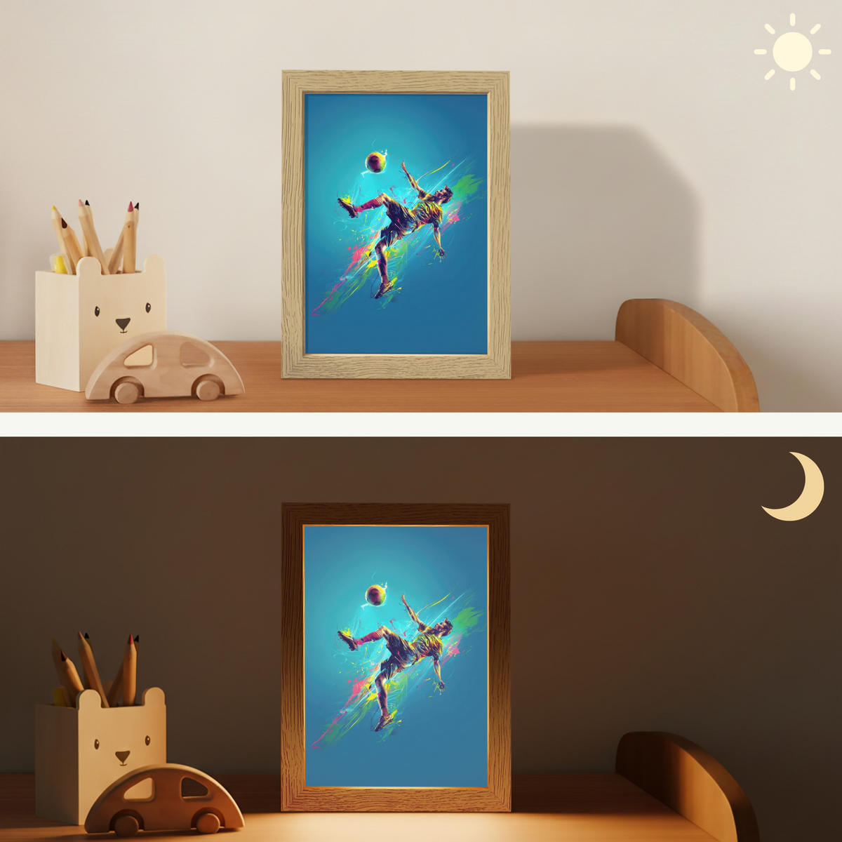 NACHTTISCHLAMPE Fußballer - Farbspritzer - Farbenfroh - Ball 15x20 cm - Blau, Holzwerkstoff (8/15/20cm)