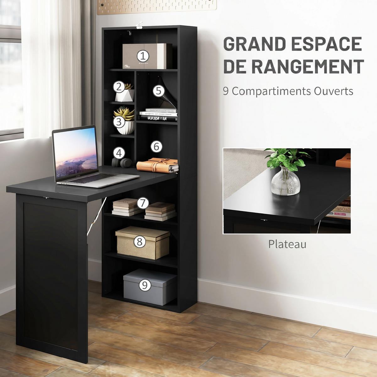 SCHREIBTISCH Schwarz klappbar mit Regal und Tafel 98/51/153 cm - Schwarz, Holzwerkstoff (51/98/153cm) - PANGIVO