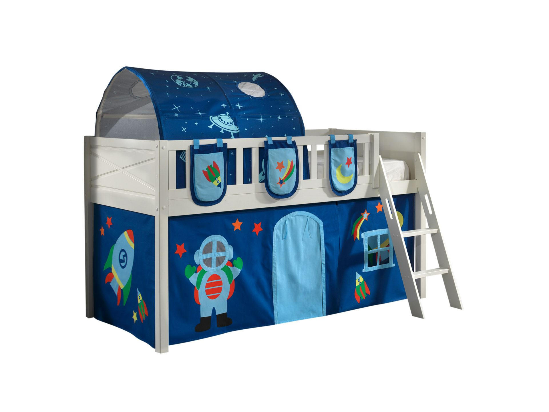 KINDERBETT Karyl 208x114x135 Massivholz Weiß Textilset Astro 4 - Blau/Weiß, Holz (90/200cm) - 58aufmkessel