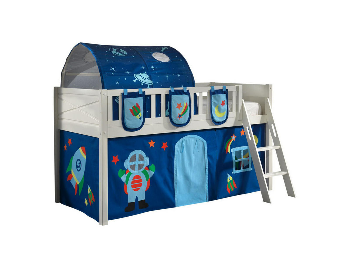 KINDERBETT Karyl 208x114x135 Massivholz Weiß Textilset Astro 4 - Blau/Weiß, Holz (90/200cm) - 58aufmkessel