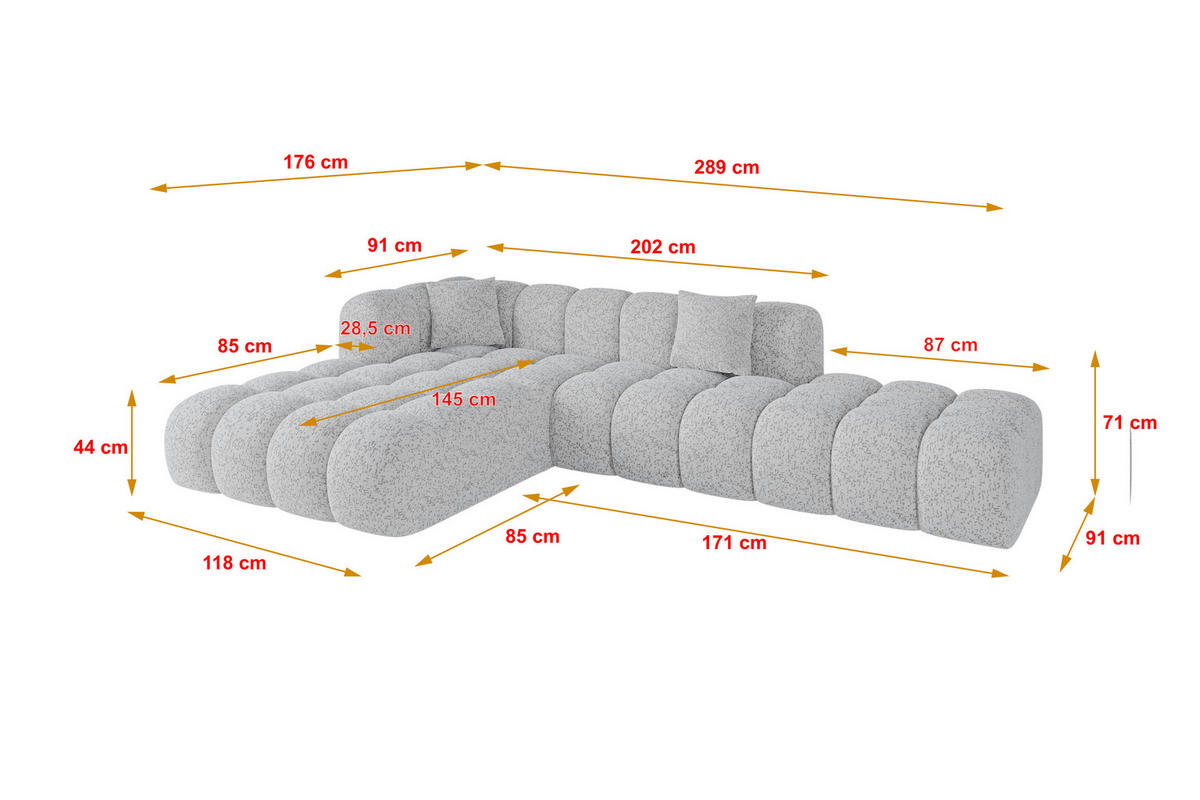 ECKSOFA Ottomane Links OLEA-L2 - 289x176x71 cm Grau - Schwarz/Grau, Holzwerkstoff/Kunststoff (289/176cm)