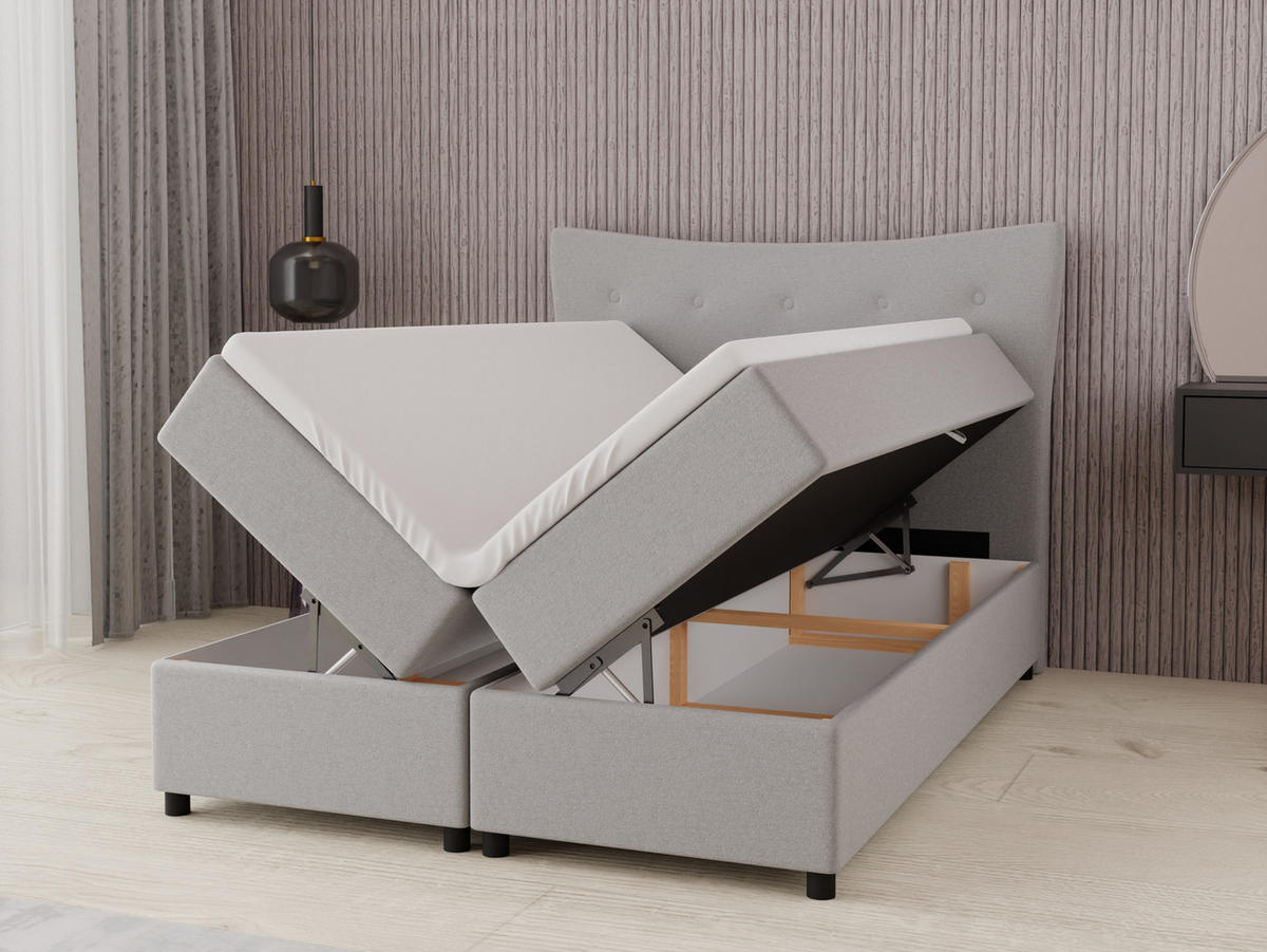 BOXBETT Nevada 140 x 200 cm Doppelbett mit hochwertiger Bonell-Matratze und Topper - hellgrau - Hellgrau, Holz (140/200cm) - Panda Möbel