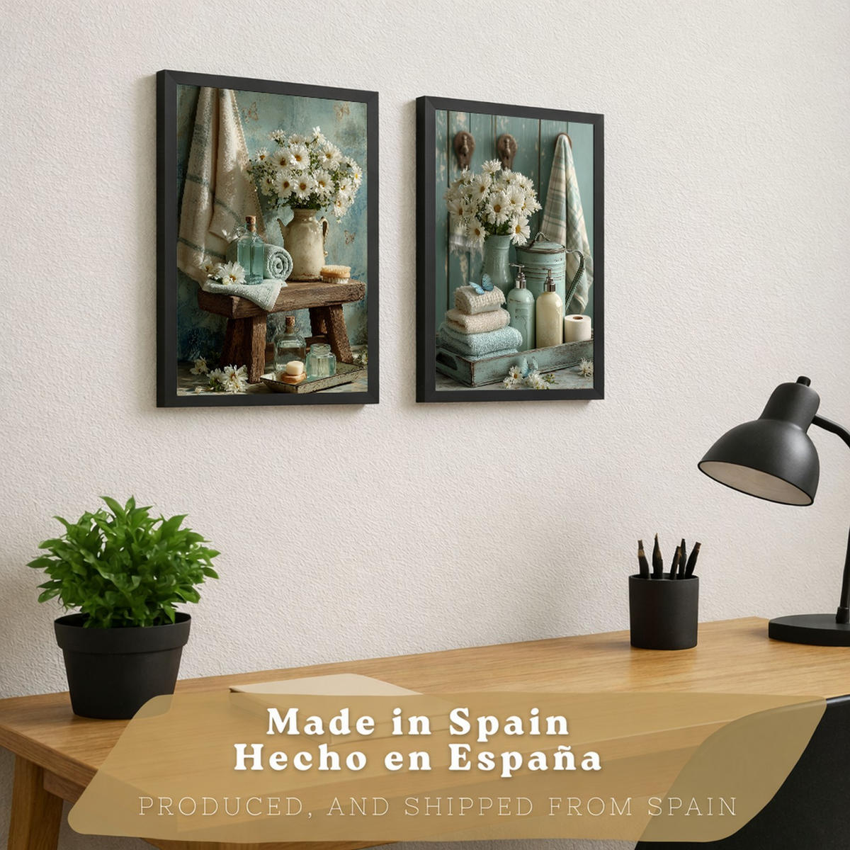 PLAKÁT Sada 2 dekorativních koupelnových tisků, květinové v shabby chic Bezrámové A4 - čirá, papír (29.7/21/3cm) - Nacnic