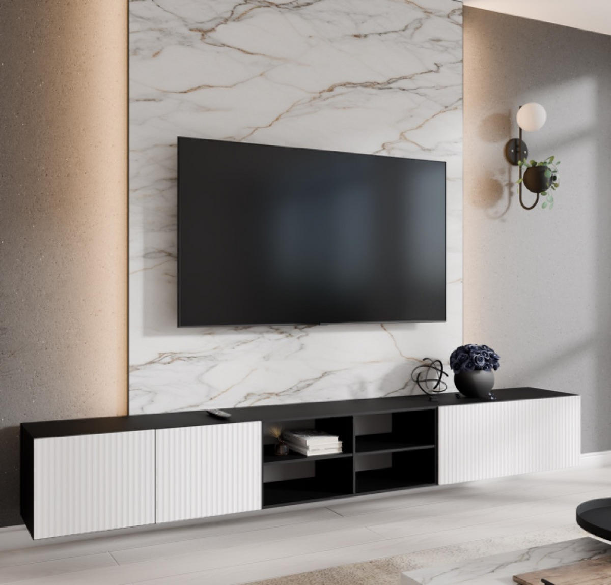 TV-SCHRANK Schwarz Weiß NOELI 300 Offen Mit Regalen Gerillt - Weiß, Holzwerkstoff (300/41/40cm) - Sepro Meble