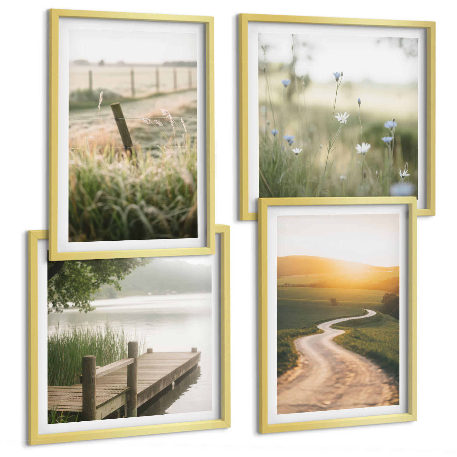BILDER SET 4er Set - 50x50 cm & 40x60 cm Goldrahmen - Landschaftswiesenstraße West - Goldfarben, Kunststoff (50/50cm) - TULUP