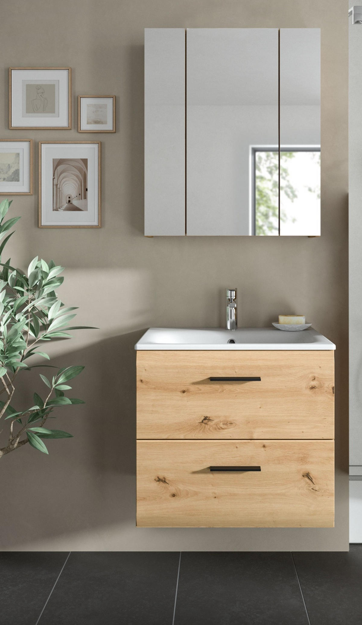 BADMÖBEL-SET 2-teilig Eiche Artisan, Badkombination 60 cm inklusive Waschbecken, Cover - Schwarz/Eiche Artisan, Glas/Keramik (60/185/46cm) - Inn.Furn