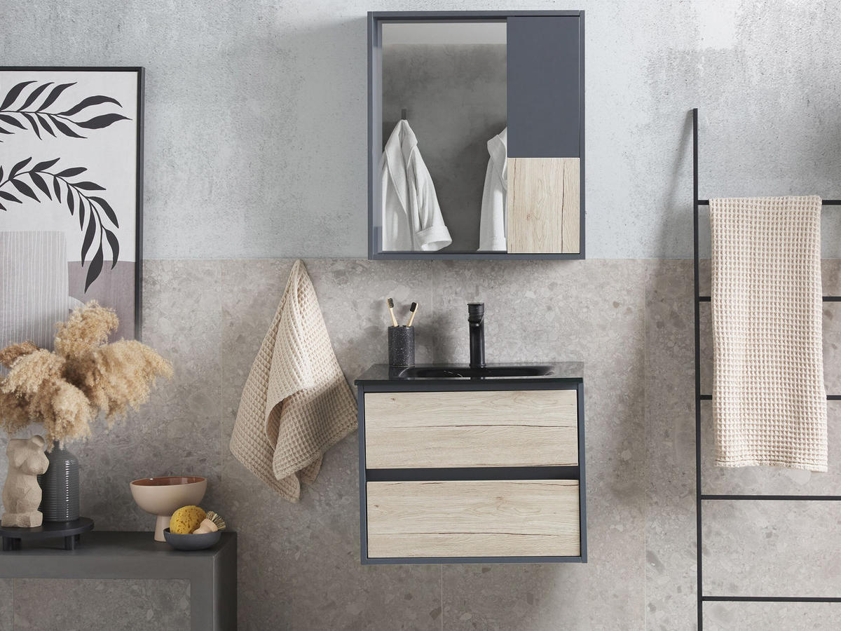 BADMÖBEL Set grau/heller Holzfarbton 60 cm Teruel - Hellbraun/Grau, Holzwerkstoff (60/70/48cm) - Beliani
