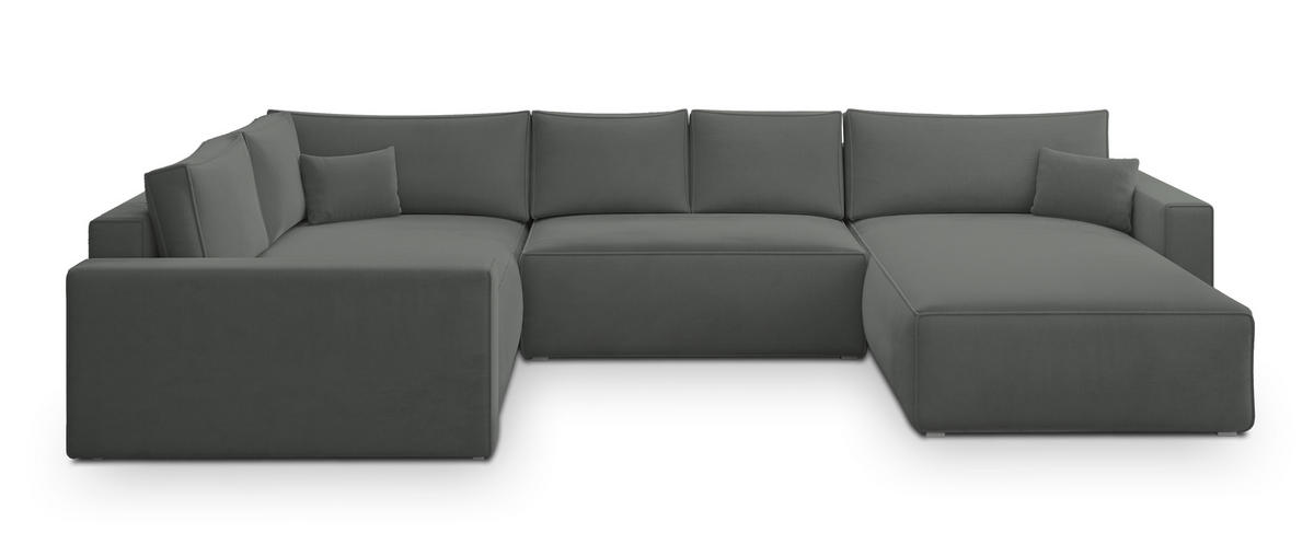 WOHNLANDSCHAFT VELAMI L-S Grau Velours-Stoff mit Schlaffunktion - Grau, Holz (365/83/194cm) - MASSENO