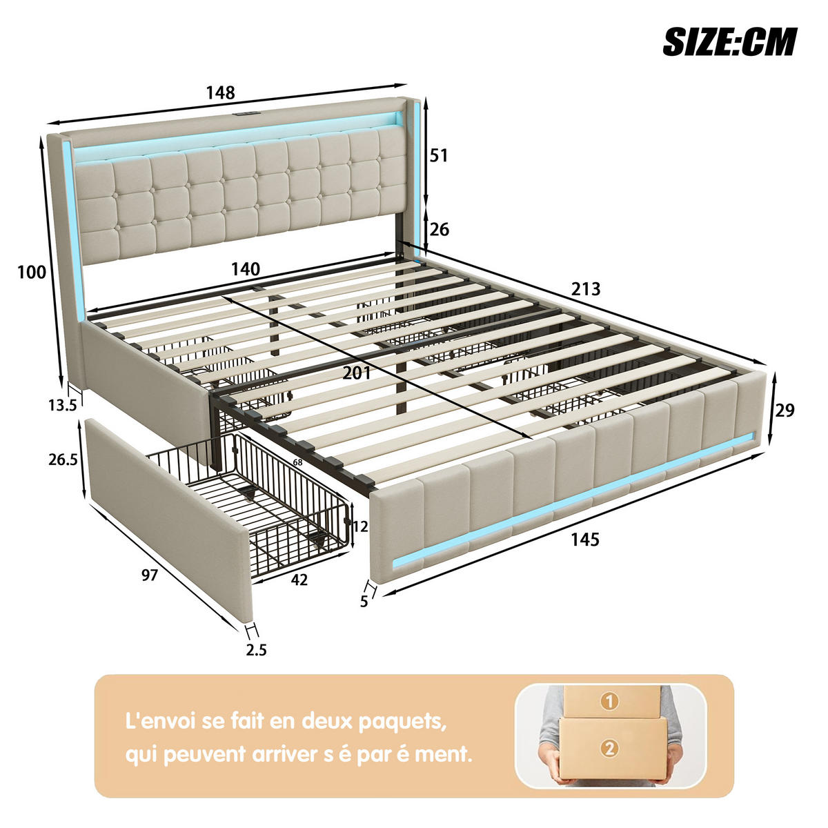 POLSTERBETT 140x200 cm, Beige, mit LED-Beleuchtung & USB-Aufladung - Beige, Textil/Metall (140/200cm)