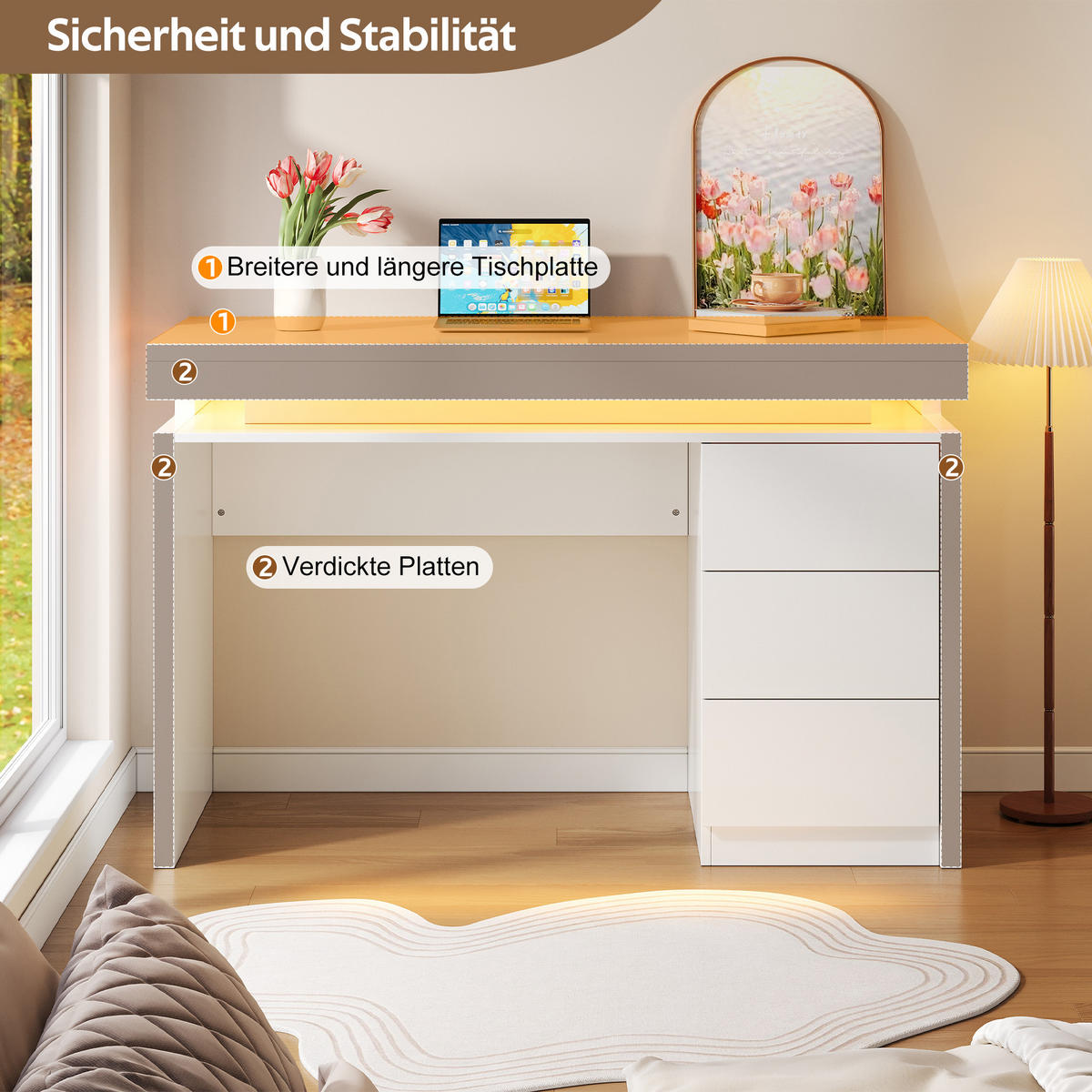 SCHREIBTISCH LED 120cm 3 Schubladen Homeoffice modern - Weiß, Holzwerkstoff (120/50/78.5cm) - FLIEKS