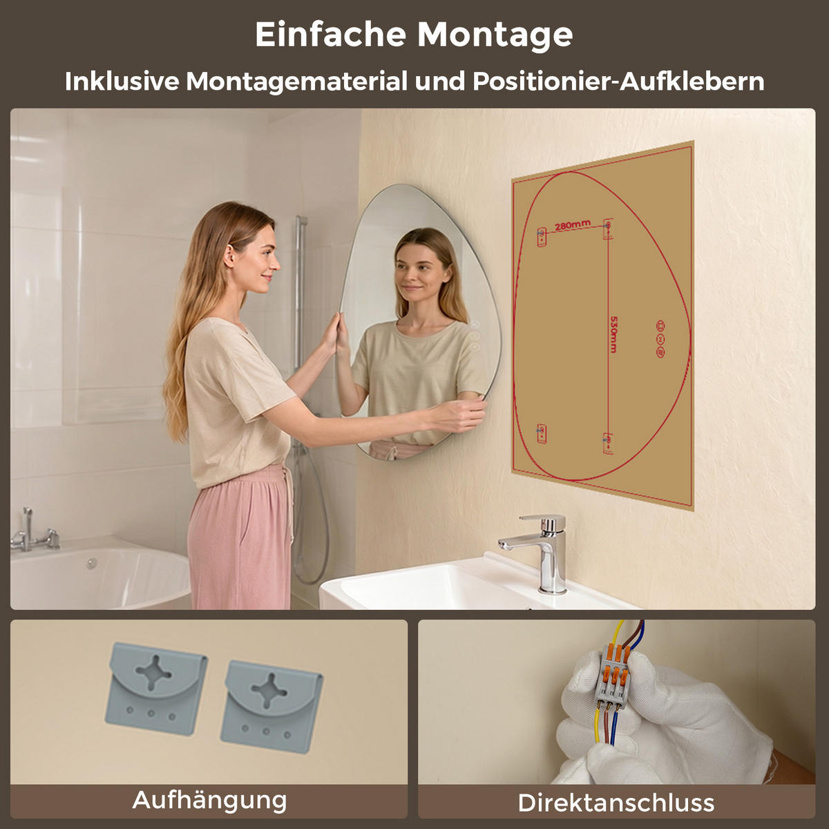 BADEZIMMERSPIEGEL mit Beleuchtung 80/70 cm asymmetrisch rahmenlos LED dimmbar mit Antibeschlag - Transparent, Glas (80/70/2.5cm) - S'AFIELINA