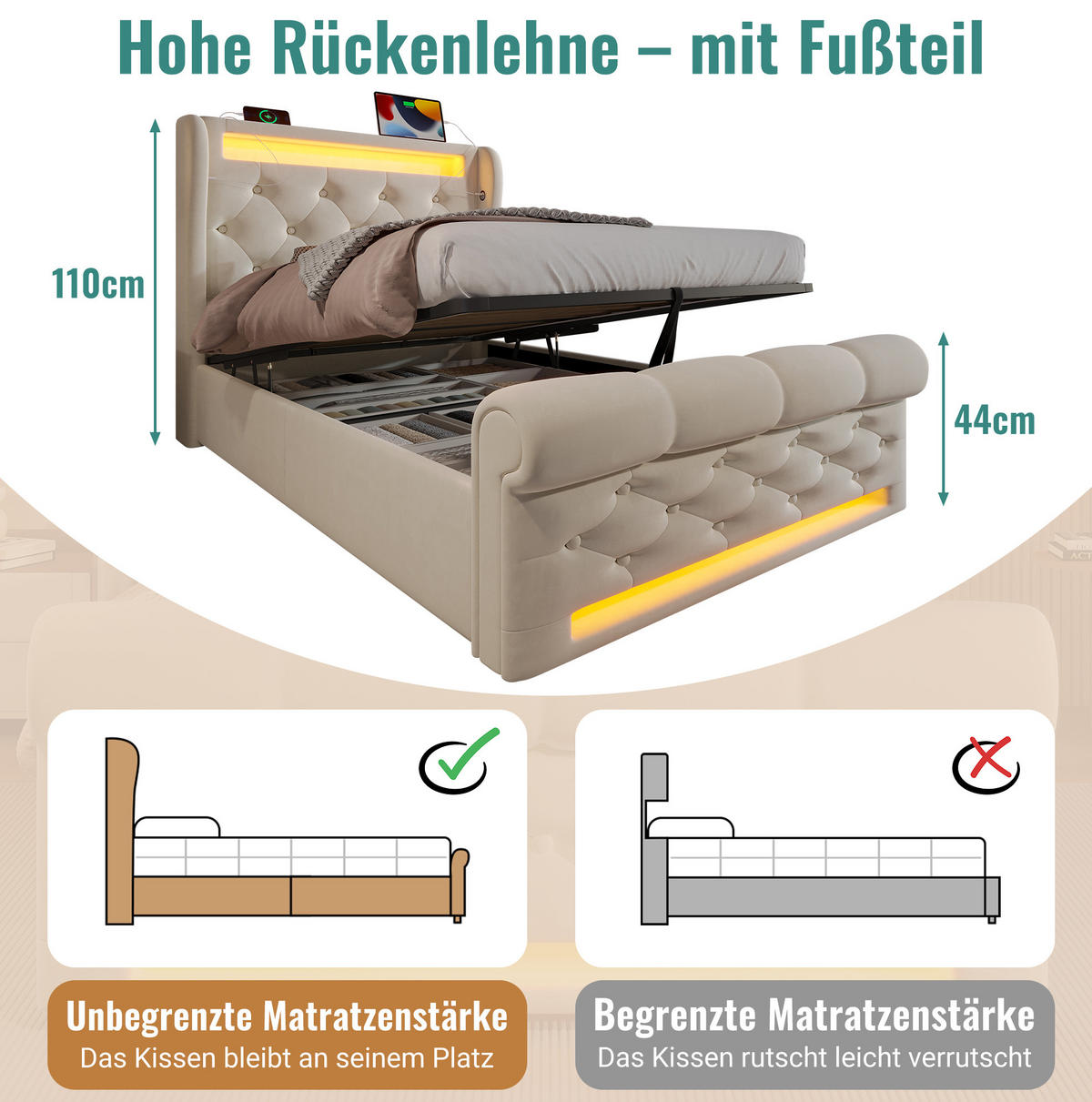 POLSTERBETT 90/200 cm mit LED-Beleuchtung, USB- und Type-C-Anschluss, hydraulischem Stauraum und Samtbezug, Beige - Beige, Textil (90/200cm) - Redom