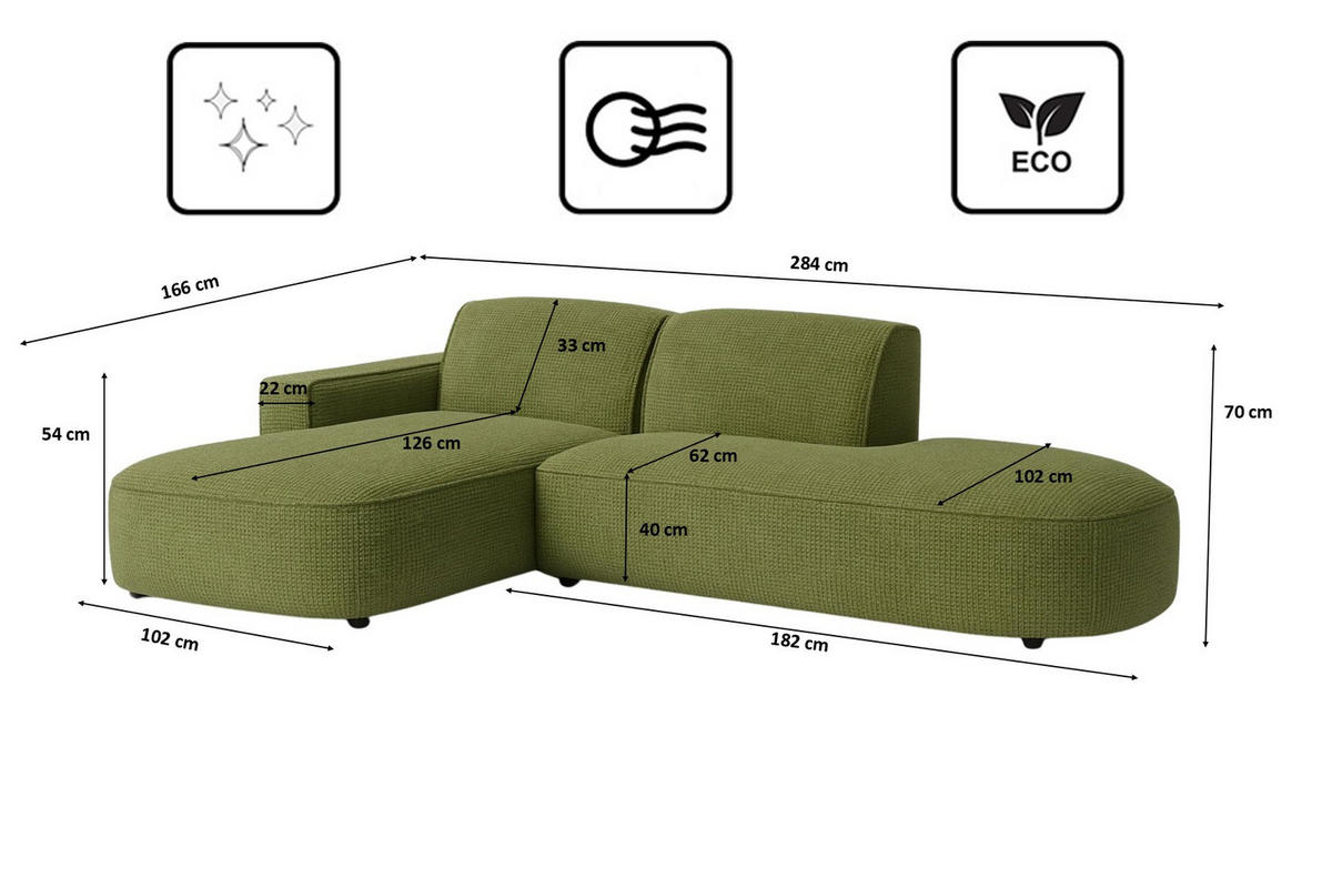 ECKSOFA Cursal Atelier, Stoff Artico, Moss, Links - Grün, Holz (284/166cm) - Kaiser Möbel
