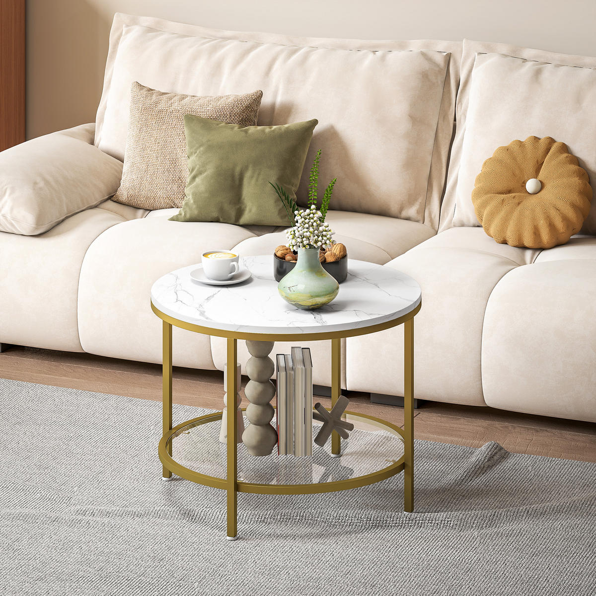 COUCHTISCH DE-15785 mit Marmoroptik & Glasablage Weiß - Weiß, Holzwerkstoff (60/60/45cm) - ComfortXL