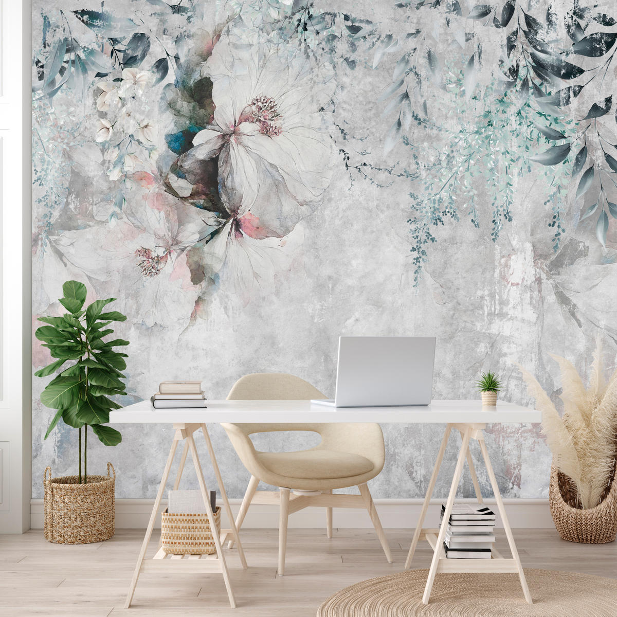 FOTOTAPETE für Schlafzimmer Zarte Blätter Beton Blumen Natur 350x256 - Schwarz/Rosa, Papier (350/256cm) - Muralo