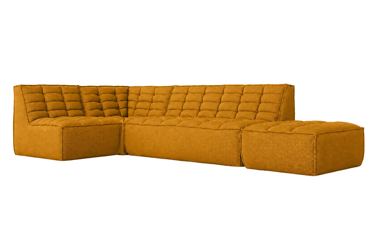 ROHOVÁ SEDAČKA modulární ve tvaru L s taburetem, plyšová tkanina Pop, Hořčicová, Levá strana, LAZY L s taburetem - žlutá, dřevo (333/173cm) - Kaiser Möbel