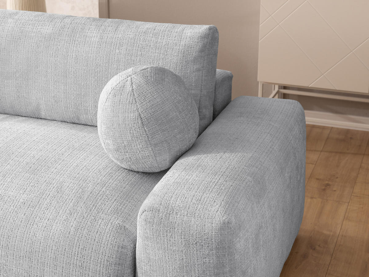 ECKSOFA Puffy mit Schlaffunktion und Bettkasten - besonders weich und puffig aus Hellgrau Chenille-Stoff - Ottomane links - Hellgrau/Schwarz, Holz/Kunststoff (138/266cm) - S-Style Möbel