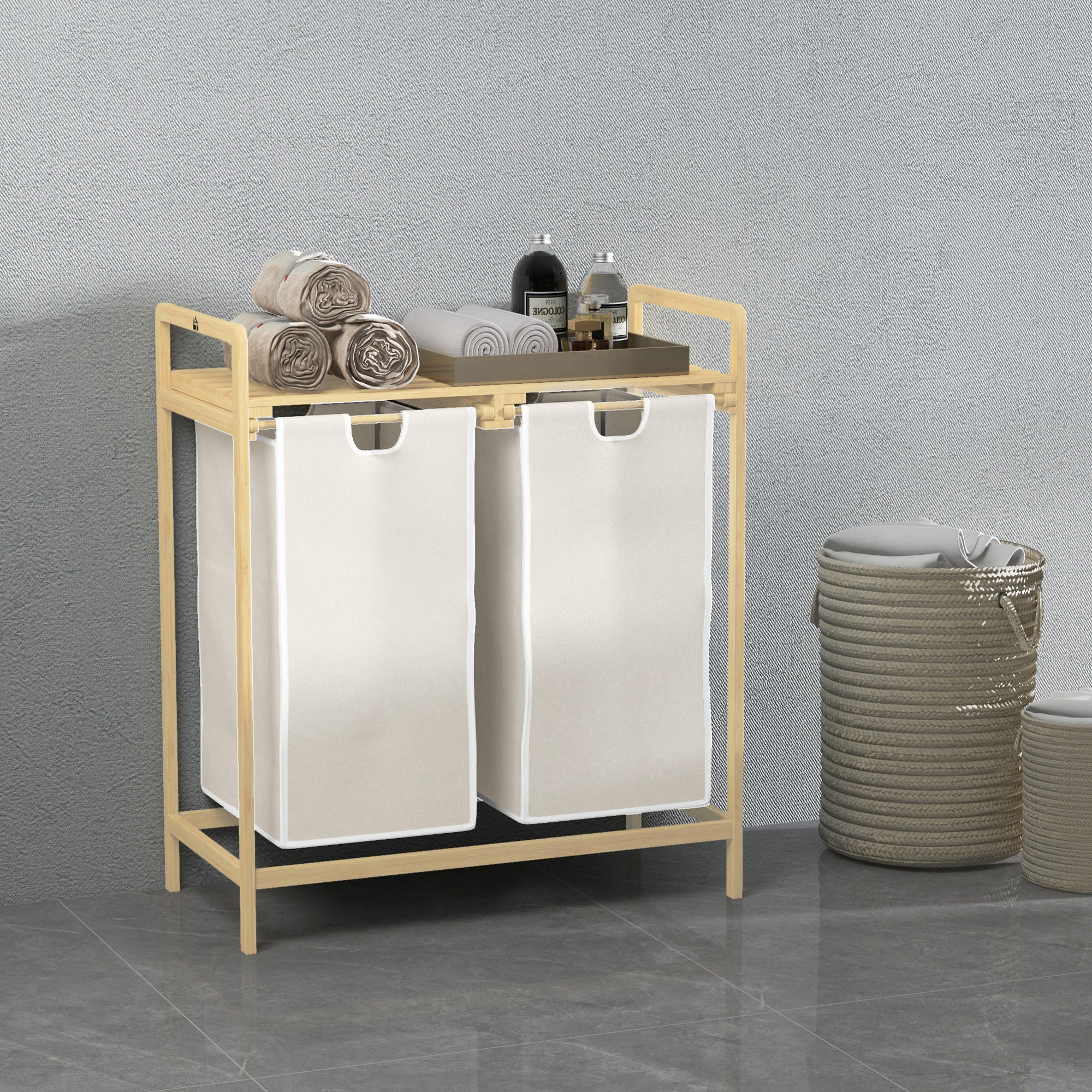 WÄSCHEKORB Wäschebox mit 2 abnehmbaren Wäschesacke Wäschesortierer Bambus - Creme/Naturfarben, Naturmaterialien (33/73/63.5cm) - HOMCOM