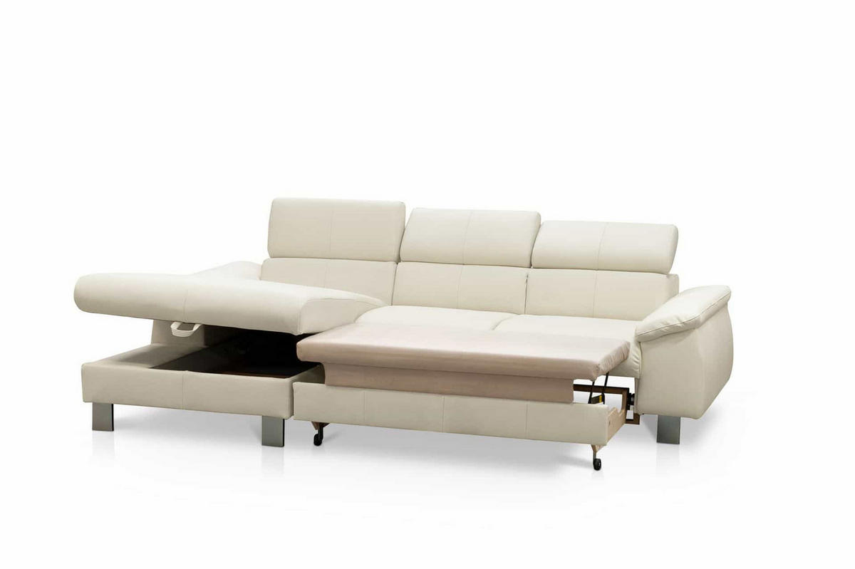 ECKSCHLAFSOFA mit Echtlederbezug, Schlaffunktion & Bettkasten - Chromfarben/Eiche Bianco, Leder/Holz (244/166cm) - Cotta