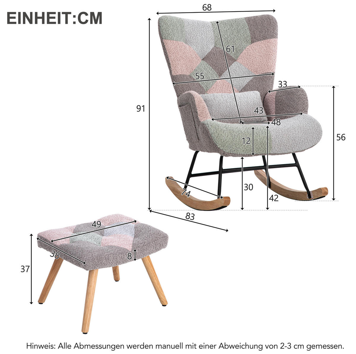 SCHAUKELSTUHL 93 cm bunt mit Fußhocker und Lendenkissen, Bezug aus Samt - Multicolor, Textil (83/91/68cm) - Flora Grace