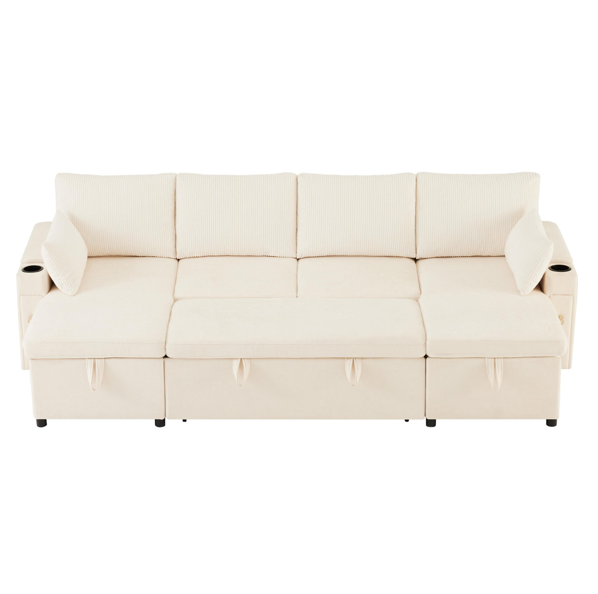 Modfu ROZKLÁDACÍ pohovka do U z chenillu a manšestru 272x131x84 cm béžová s úložným prostorem, držáky nápojů a 2 polštáři