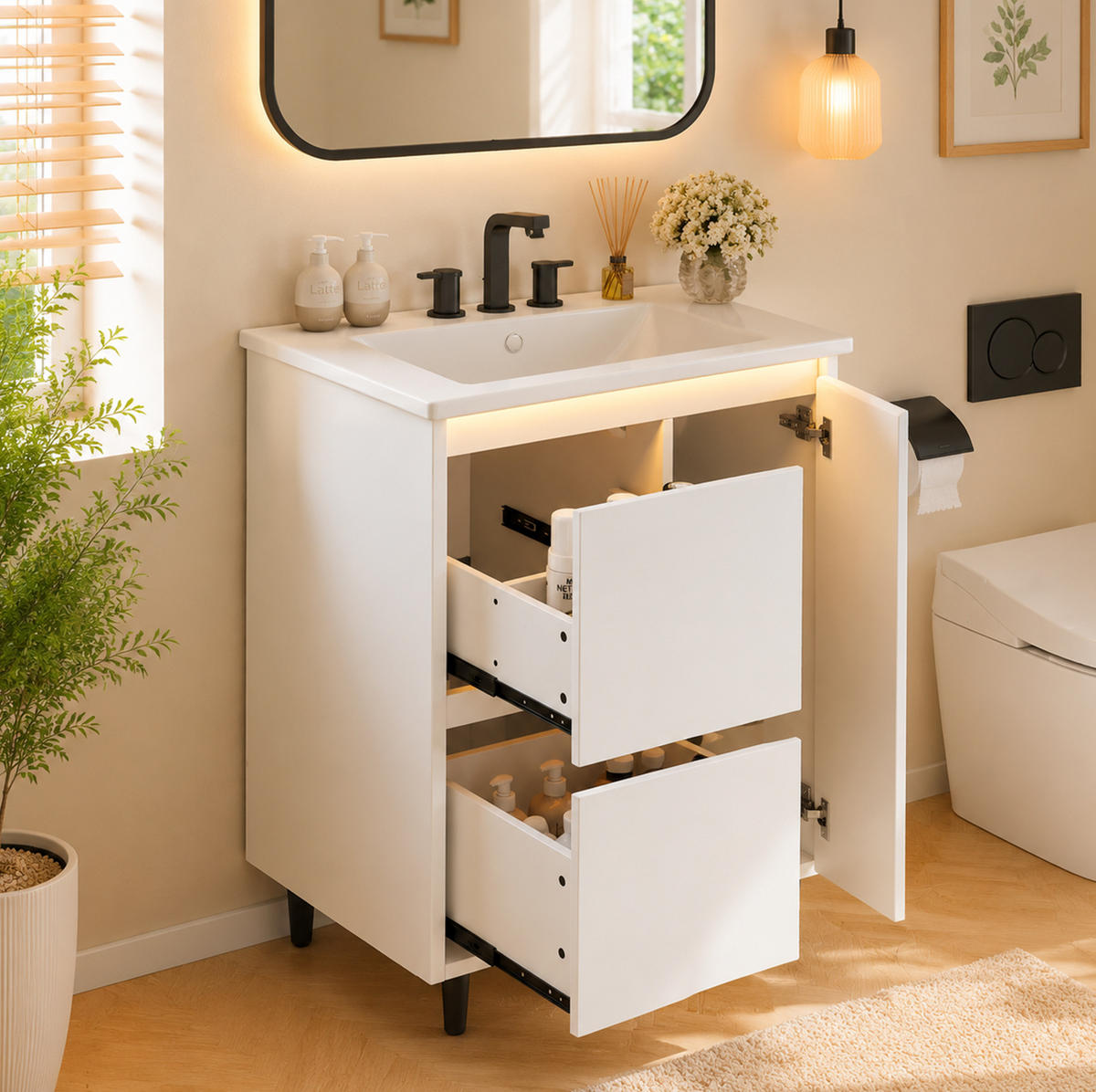 FREISTEHENDER Badezimmerwaschtisch aus MDF und Keramik 61x46,5x87 cm Weiß mit 2 Schubladen und Soft-Close - Weiß, Keramik (61/87/46.5cm) - Modfu
