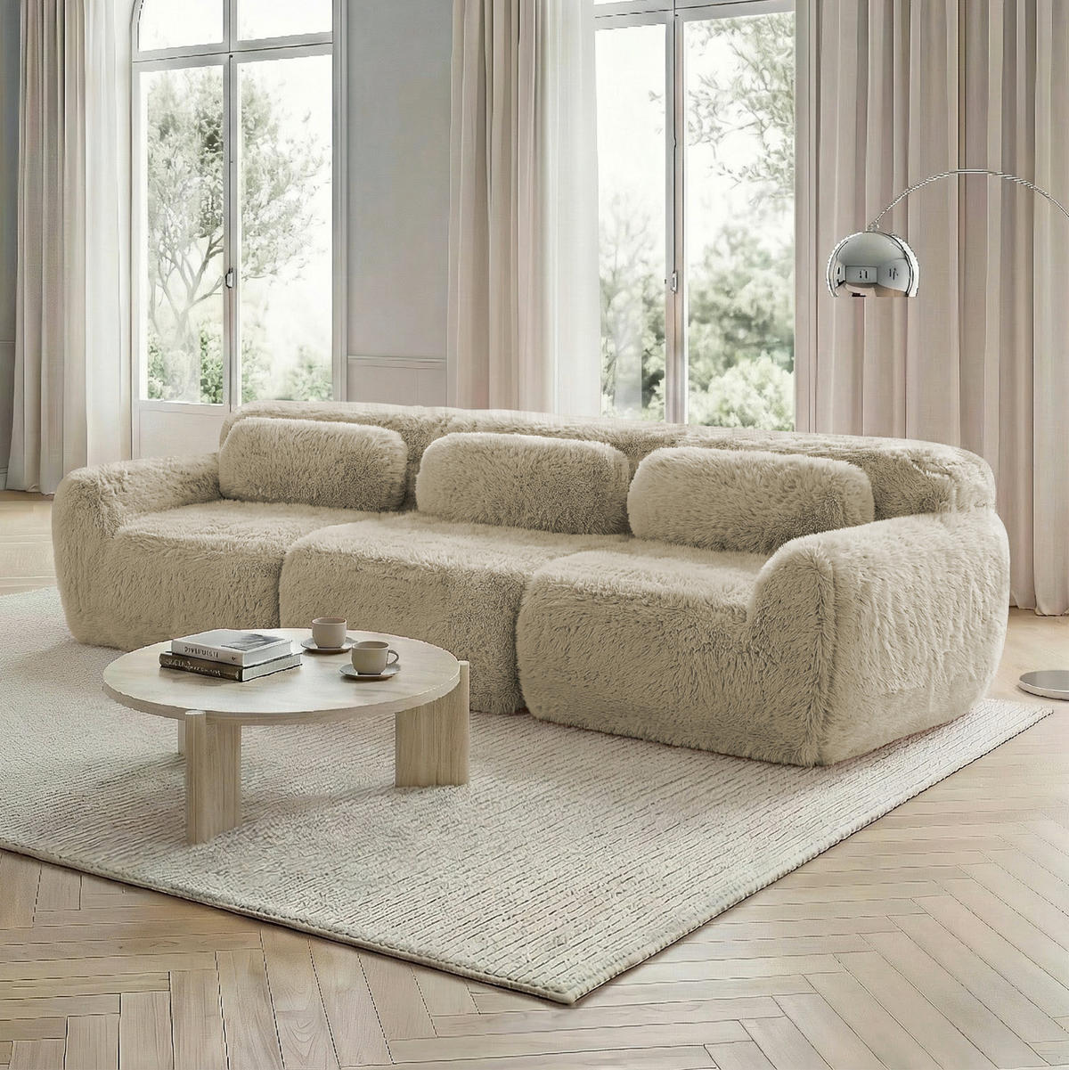 ECKSOFA modular mit rutschfester Basis Plüsch Hellkhaki - Beige, Kunststoff (104/73/291cm) - Meubliv