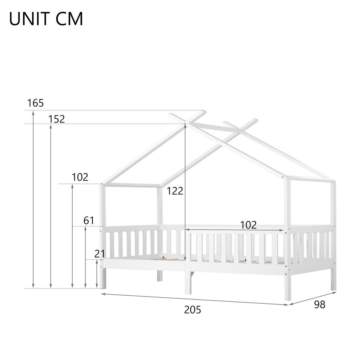 KINDERBETT 90/200 cm mit Lattenrost, Sicherheitszaun und Hausdach, Weiß - Weiß, Holzwerkstoff (90/200cm) - Redom