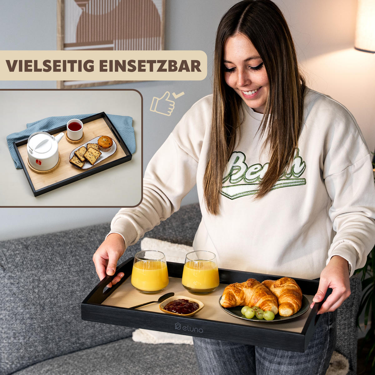 SERVIERTABLETT mit Griffmulden - Schwarz, Naturmaterialien (50/5/30cm) - eluno