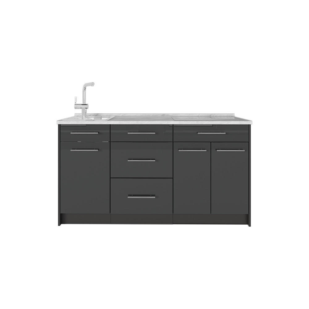 KÜCHENBLOCK Fame-Line, Anthrazit Hochglanz/Anthrazit, 150 cm, AP Marmor - Schwarz Hochglanz/Anthrazit, Holzwerkstoff (150/82/60cm) - Vicco