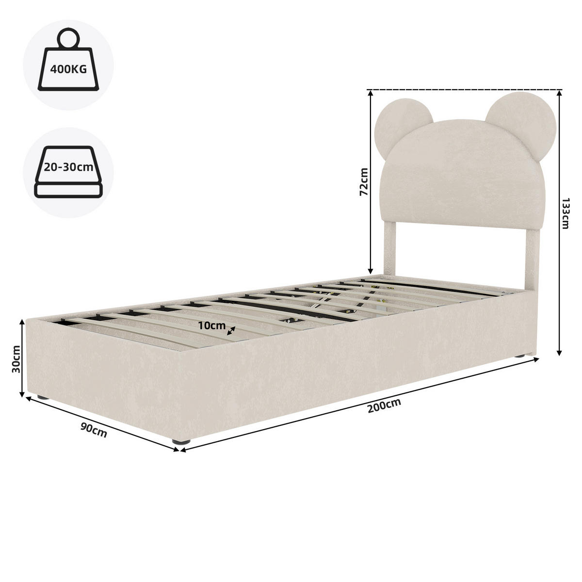 KINDERBETT 90/200 cm in Beige Stoff mit Bettkasten - Beige, Holzwerkstoff/Textil (90/200cm) - WISHDOR