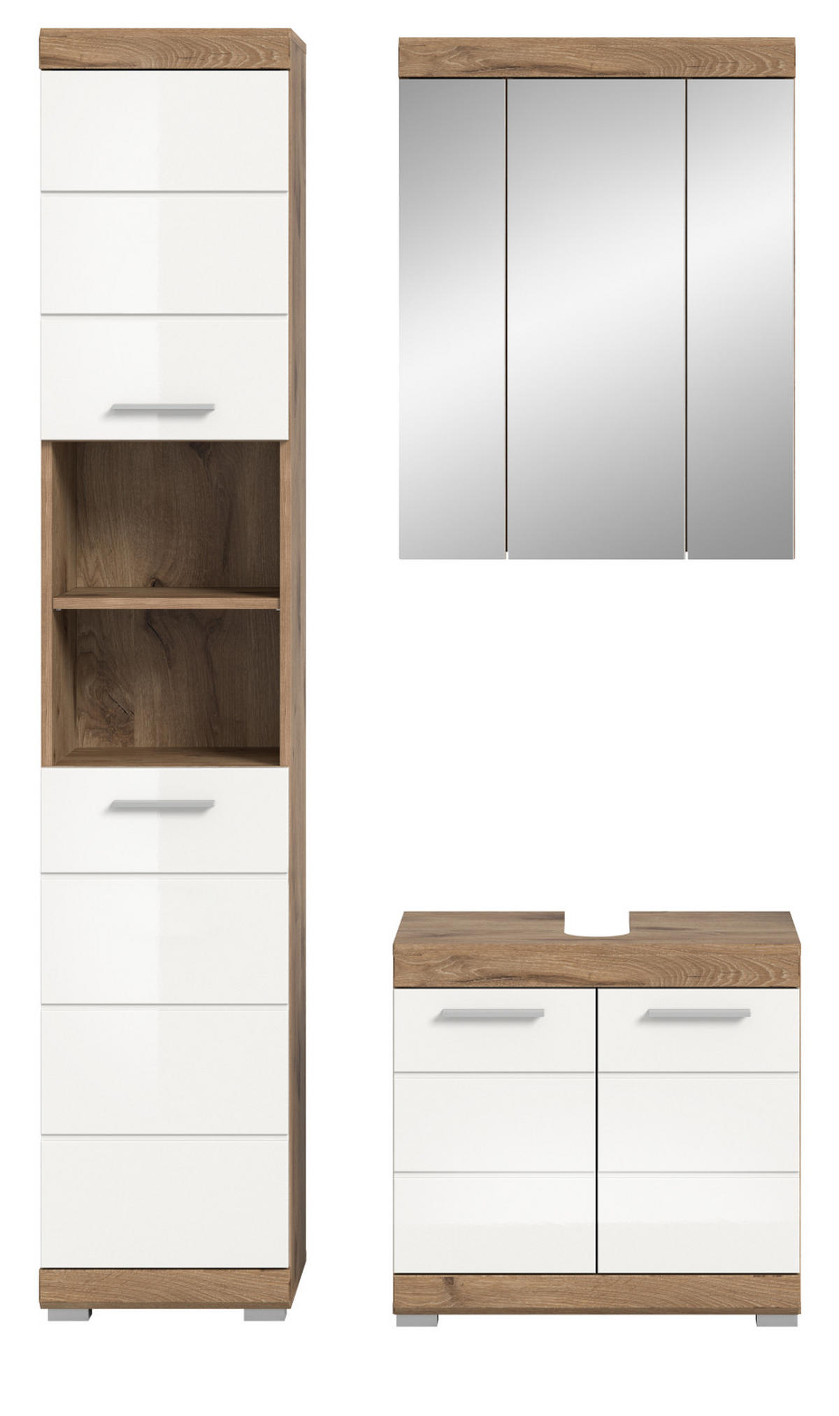 BADMÖBEL-SET weiß Hochglanz, Eiche 3-teilig 112 cm mit viel Stauraum - Weiß Hochglanz/Eichefarben, Glas/Holzwerkstoff (112/191/34cm) - Inn.Furn