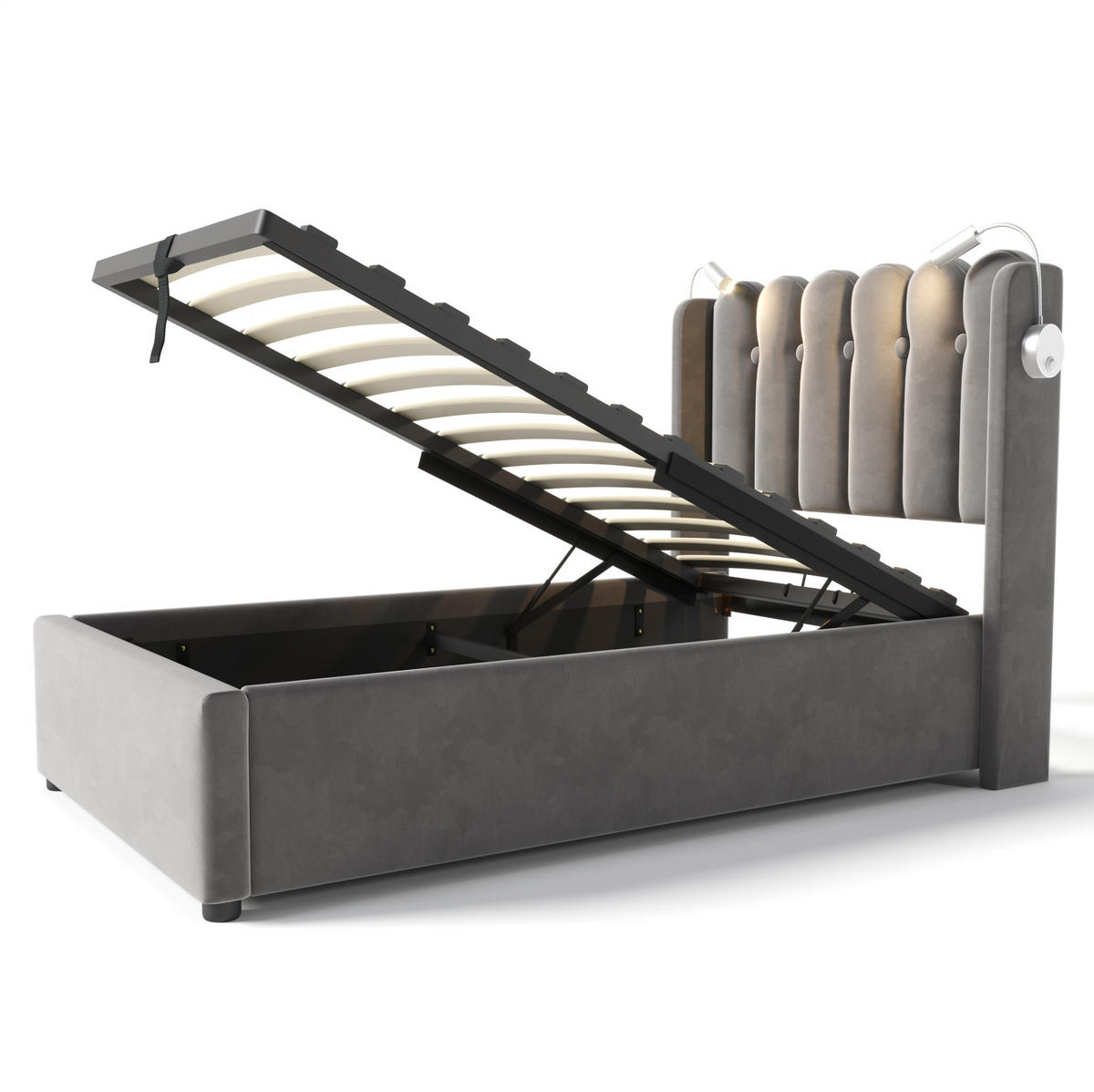 POLSTERBETT 90/200 cm mit Bettkasten, LED-Leselicht & USB-Anschluss, Samt Grau - Grau, Textil (90/200cm) - Redom