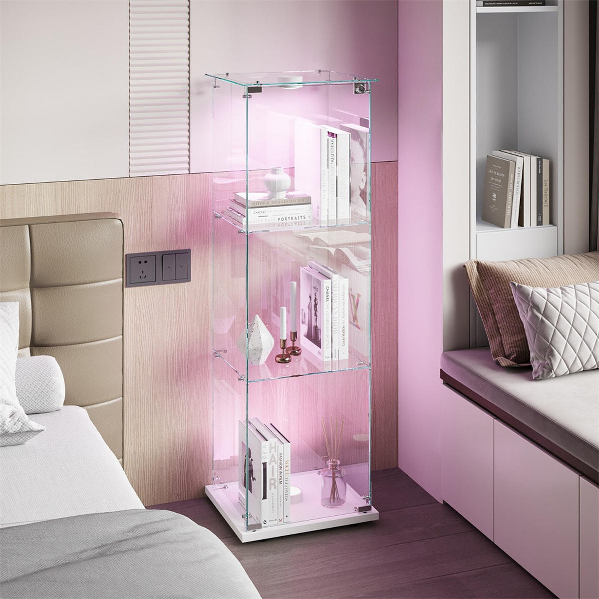 VITRINE - Glasvitrine mit 1 Tür - 3 Ebenen und LED-Beleuchtung - Weißer Boden - Weiß, Glas (39.8/123.3/35cm) - DELFA