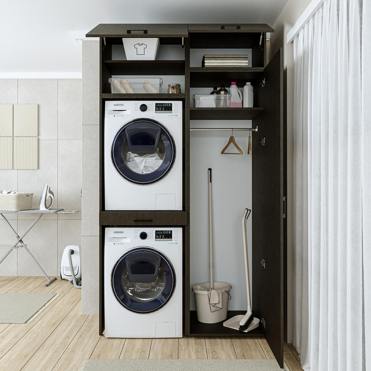 WASCHMASCHINENSCHRANK DUO-I 127cm Breit, 240cm Hoch - Schwarz, Holzwerkstoff (127/240/67cm)