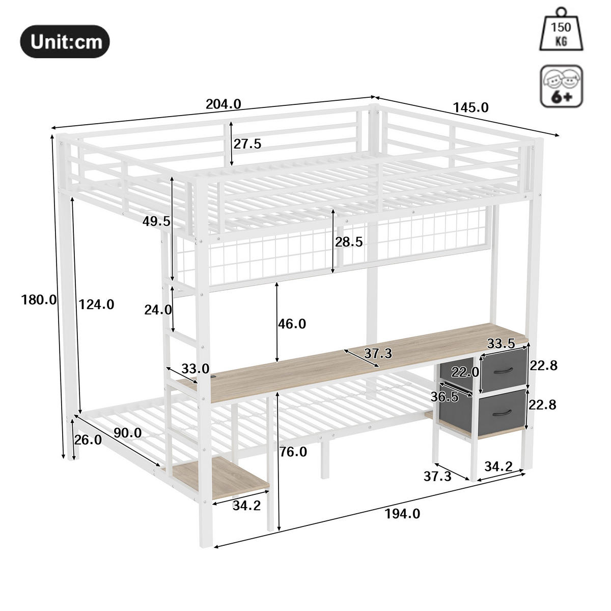 HOCHBETT 140/200 cm aus Metall mit Schreibtisch und LED-Beleuchtung - Weiß, Metall (140/200cm) - Flora Grace