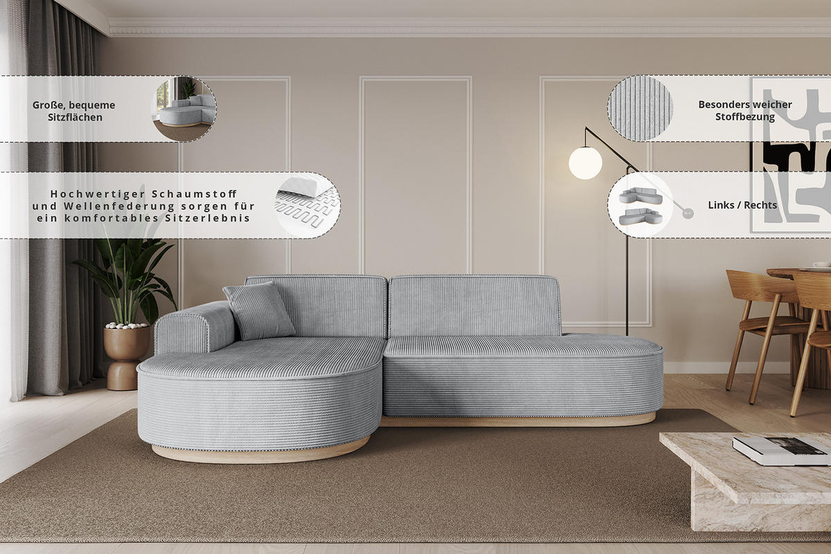 ECKSOFA Ottomane Rechts MARI-L1-v1 - 243x171x83 cm Hellgrau Cord - Hellgrau, Holzwerkstoff/Textil (171/243cm) - ALTDECOR