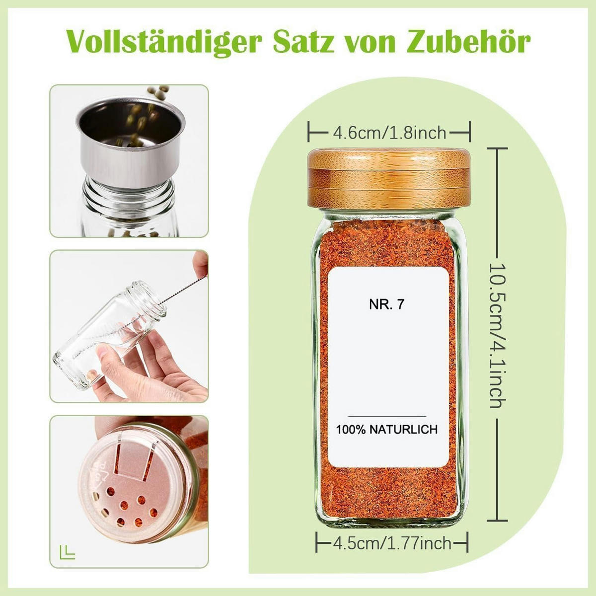 GEWÜRZGLÄSER 12-teiliges Set mit Bambusdeckel 120ml - Multicolor, Glas (4.5/10.5/4.5cm)