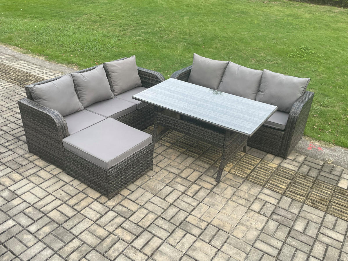 GARTENTISCHGRUPPE mit Beistelltisch Polyrattan Dunkelgrau 7-Sitzer - Dunkelgrau/Grau, Glas/Kunststoff - Fimous