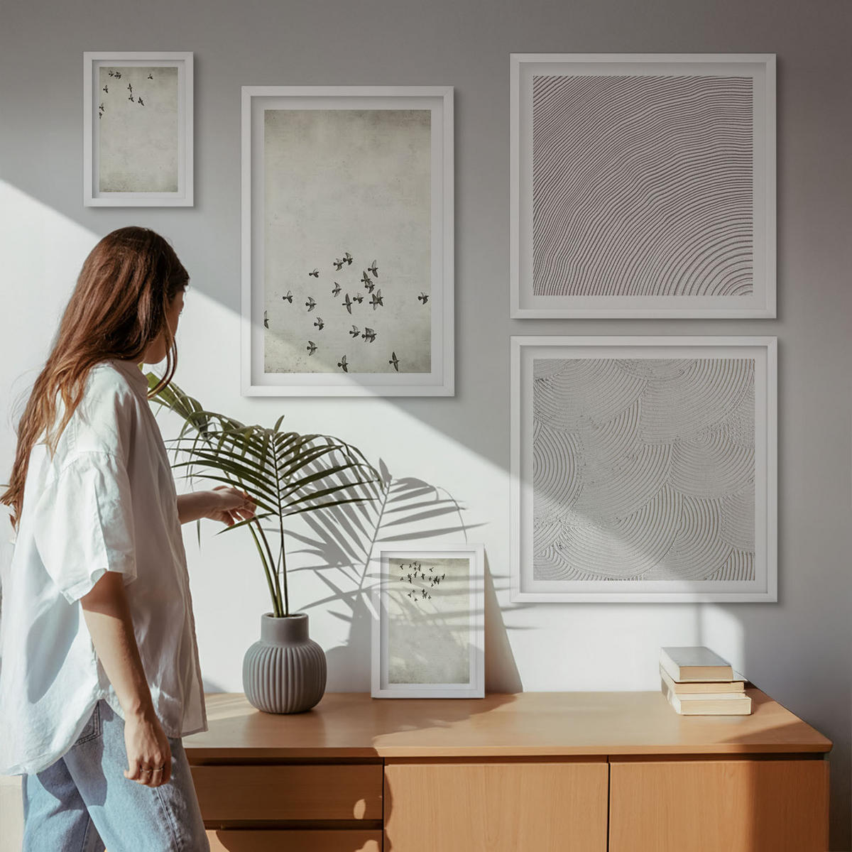 WANDBILDER 5er-Set - 50x50 cm & 20x30 cm & 40x60 cm Weißer Rahmen - Minimalistische Vogelmalerei - Weiß, Kunststoff (40/60cm) - ArtPrintCave