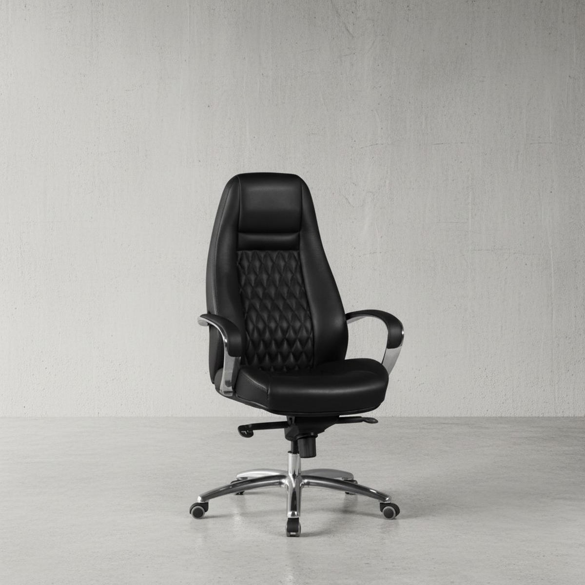 CHEFSESSEL Echtleder mit Aluminiumfußkreuz und ergonomischer Sitzform MADRID, Schwarz 70x68x130 cm - Silberfarben/Schwarz, Leder/Metall (70/130/68cm) - KADIMA DESIGN