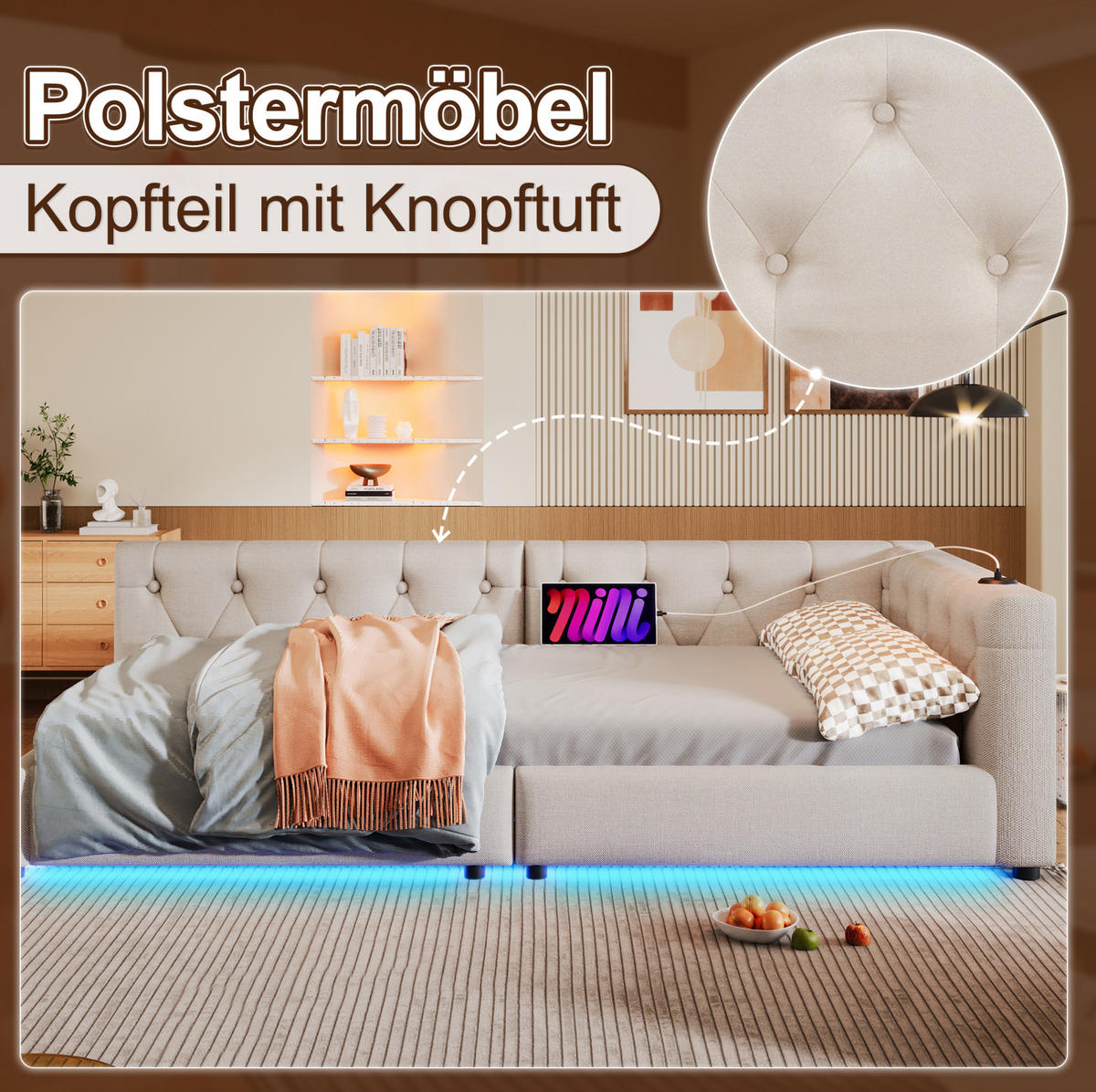 DENNÁ posteľ z ľanu a MDF 90x200 cm béžová s LED osvetlením, USB a USB-C portom - béžová, textil (90/200cm) - Modfu