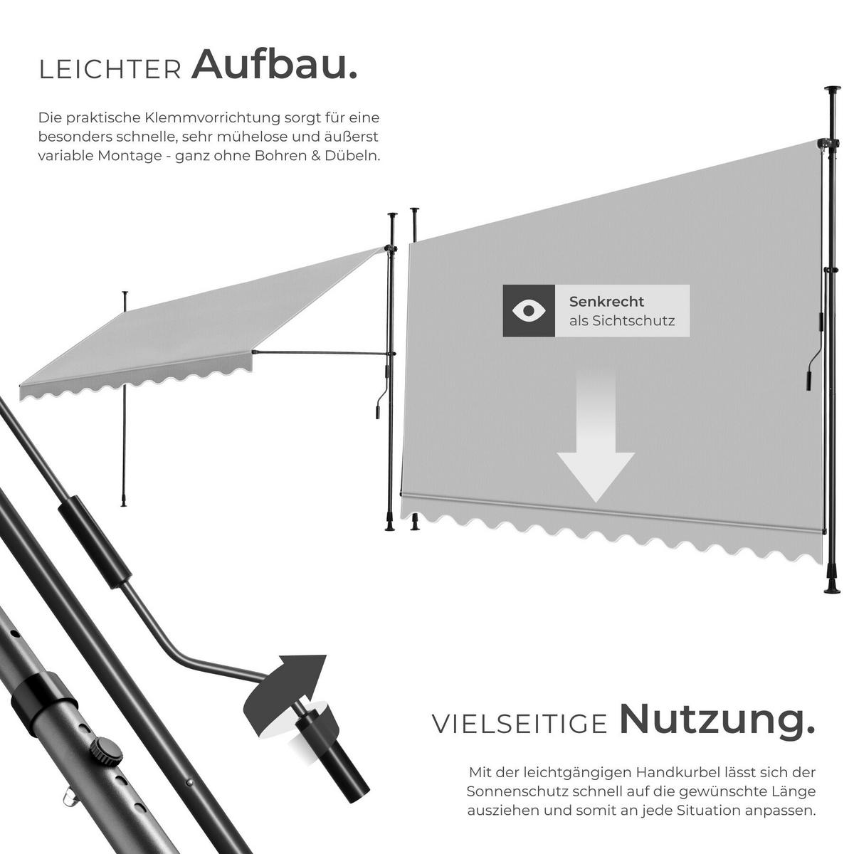 KLEMMMARKISE MIT HANDKURBEL , wasserabweisend, hellgrau - Hellgrau, Textil (400/304/180cm) - tectake